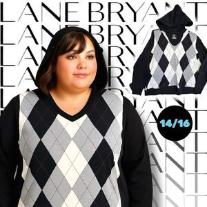 Lane Bryant Women's Sweater Hoodie Argyle Long Sleeve Black White Size 14/16W